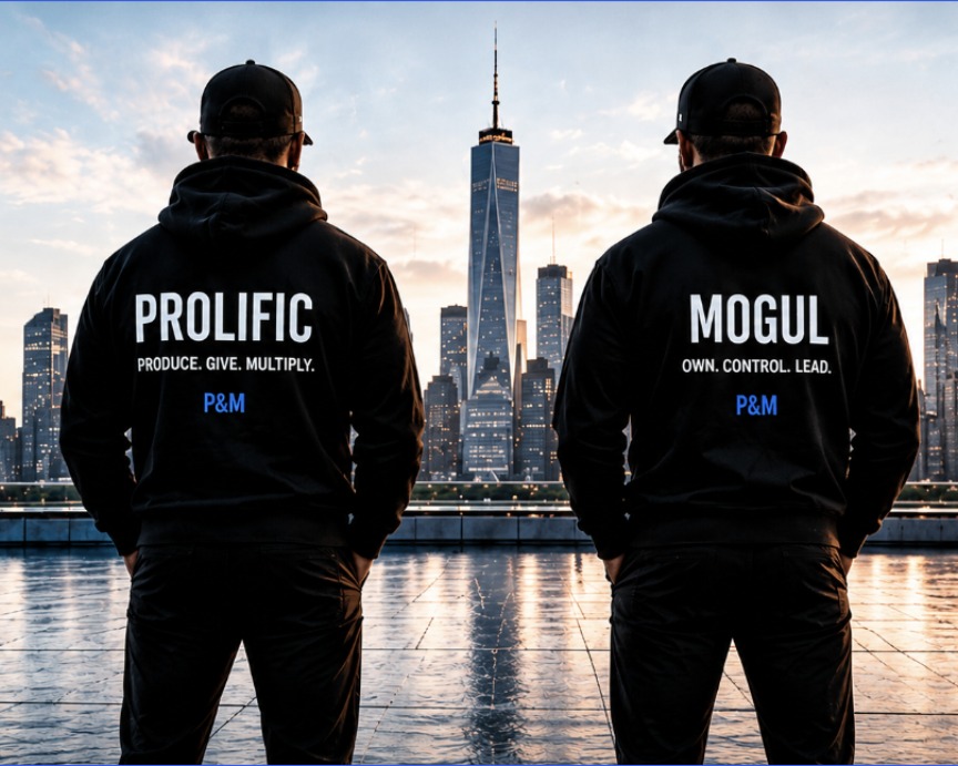 Two founders facing a city skyline, Prolific and Mogul